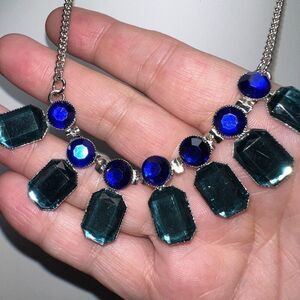 Silver Tone and Blue Stones Bib Necklace